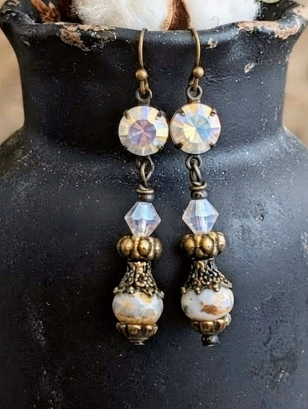 Victorian Rustic White & Gold W/ White Opal AB Crystal In Brass Earrings
